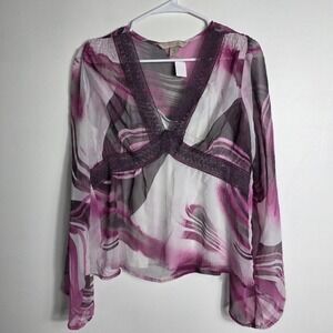 Jonathan Martin Purple Sheer Blouse Floral Long Sleeve Lace Trim M